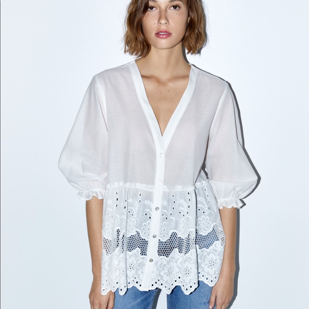 Zara open work embroidery white blouse